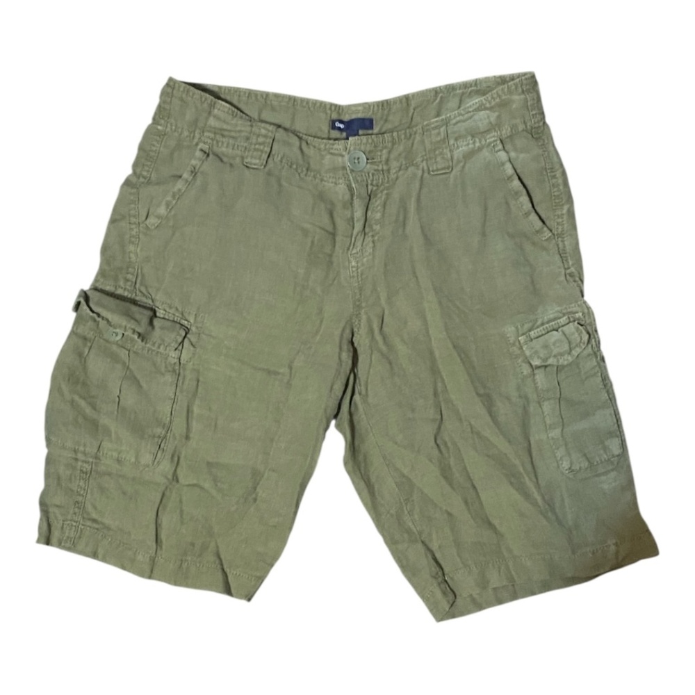 100% linen army green cargo short. Sz 2